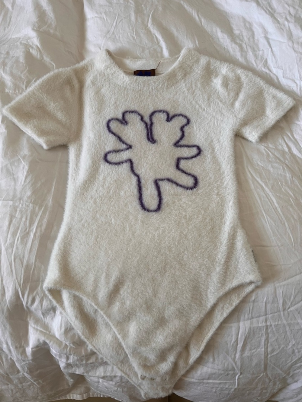 Marc Jacobs White Fuzzy Short Sleeve Bodysuit with Purple Motif